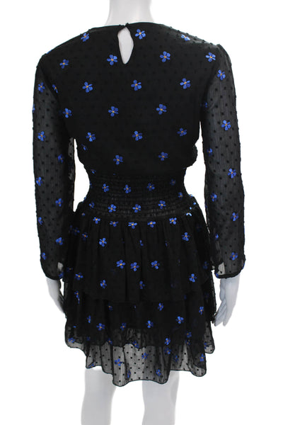 Maje Women's Round Neck 3/4 Sleeves Ruffle Swiss Dot Mini Floral Dress Size 1