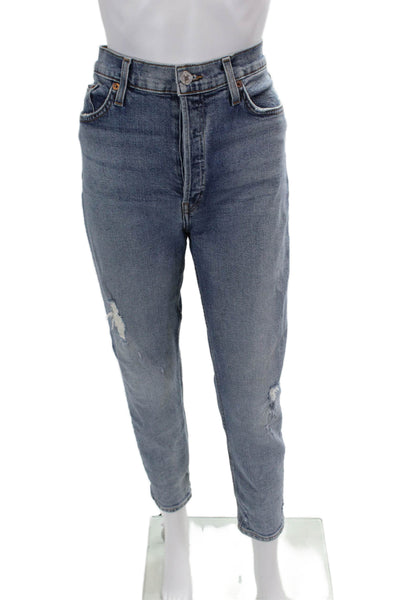 Re/Done Womens Cotton Distressed Medium Wash Mid-Rise Tapered Jeans Size 30