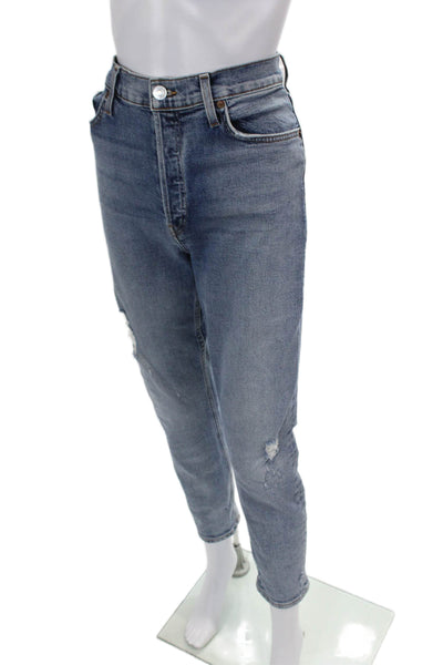 Re/Done Womens Cotton Distressed Medium Wash Mid-Rise Tapered Jeans Size 30