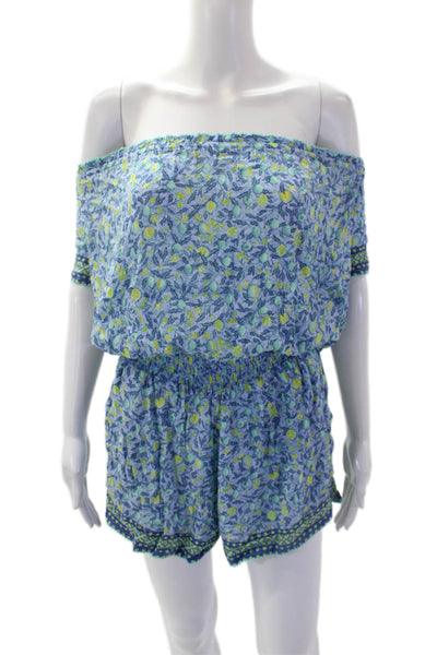 Poupette St. Barth Womens Fruit Print Short Sleeves Romper Blue Yellow Size Medi