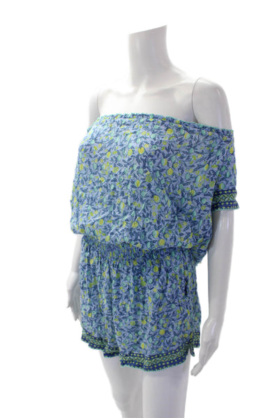 Poupette St. Barth Womens Fruit Print Short Sleeves Romper Blue Yellow Size Medi