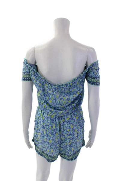 Poupette St. Barth Womens Fruit Print Short Sleeves Romper Blue Yellow Size Medi