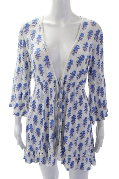Playa Lucila Womens Floral Print A Line Wrap Dress White Blue Size Small