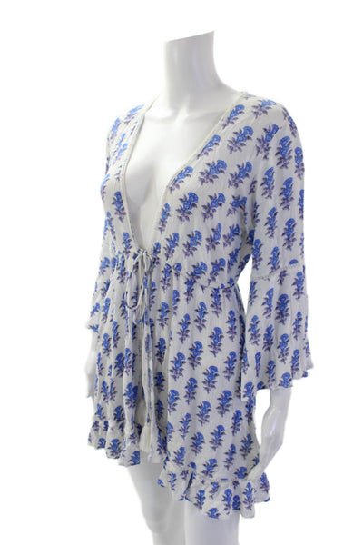 Playa Lucila Womens Floral Print A Line Wrap Dress White Blue Size Small