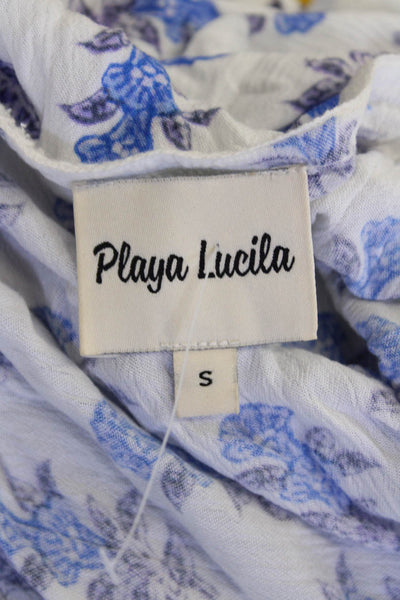 Playa Lucila Womens Floral Print A Line Wrap Dress White Blue Size Small