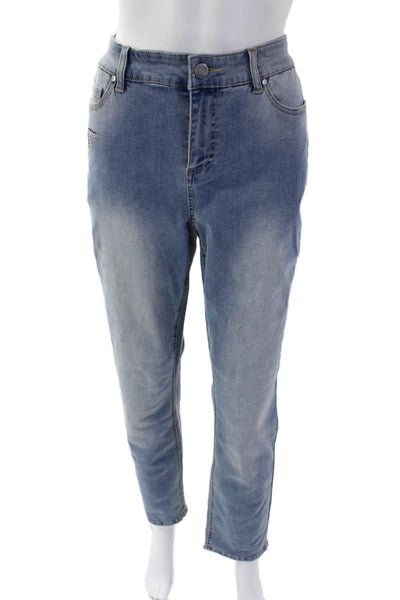 Renuar Women's Midrise Embellish Straight Leg Light Wash Denim Pants Size 14