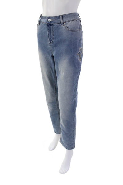 Renuar Women's Midrise Embellish Straight Leg Light Wash Denim Pants Size 14