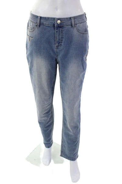 Renuar Women's Midrise Embellish Straight Leg Light Wash Denim Pants Size 12