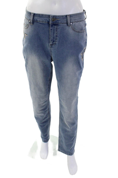 Renuar Women's High Waist Embellish Medium Wash Straight Leg Denim Pants Size 12