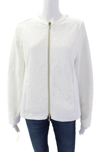 I' Cona Women's Rhinestone Studs Pocket Full Zip Lined Basic Jacket White Size 4