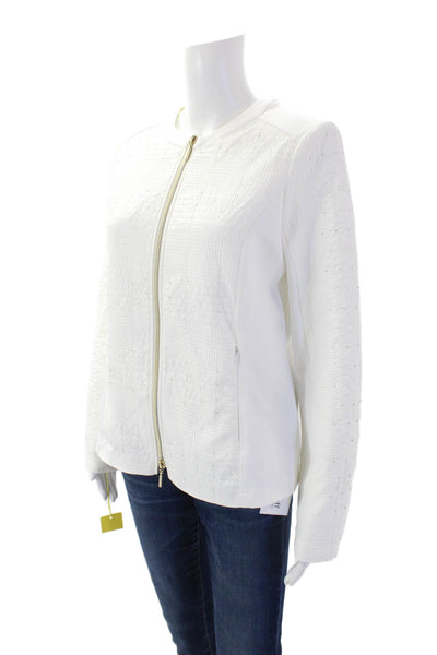 I' Cona Women's Rhinestone Studs Pocket Full Zip Lined Basic Jacket White Size 4