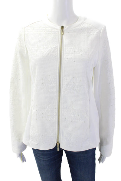 I' Cona Womens Long Sleeves Full Zip Rhinestone Studs Basic Jacket White Size 38