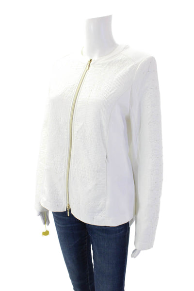 I' Cona Womens Long Sleeves Full Zip Rhinestone Studs Basic Jacket White Size 38