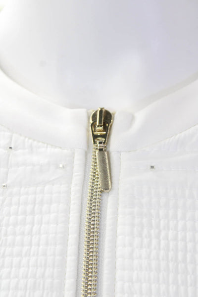 I' Cona Womens Long Sleeves Full Zip Rhinestone Studs Basic Jacket White Size 38