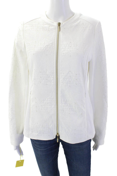 I' Cona Womens Long Sleeves Full Zip Rhinestone Studs Basic Jacket White Size 40