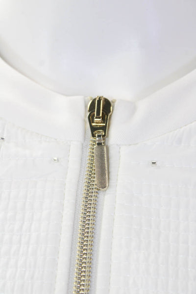 I' Cona Womens Long Sleeves Full Zip Rhinestone Studs Basic Jacket White Size 40