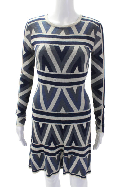 BCBG Max Azria Womens Cotton Geometric Long Sleeve A-Line Dress Blue Size 2XS