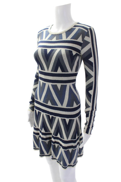 BCBG Max Azria Womens Cotton Geometric Long Sleeve A-Line Dress Blue Size 2XS