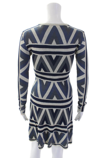 BCBG Max Azria Womens Cotton Geometric Long Sleeve A-Line Dress Blue Size 2XS