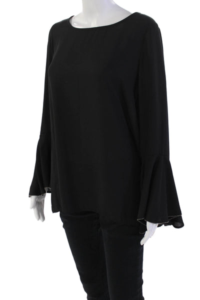 H Halston Women's Round Neck Long Sleeves Beaded Sheer Blouse Black Size M