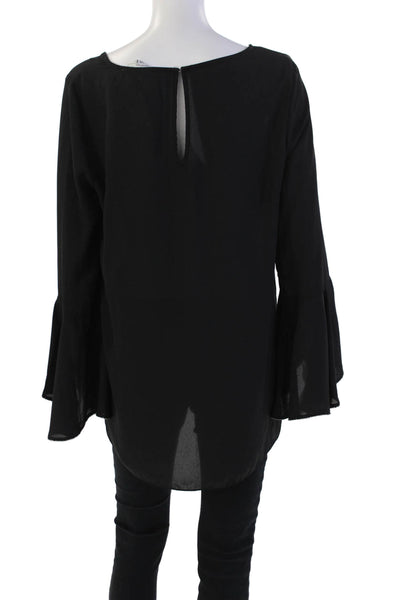 H Halston Women's Round Neck Long Sleeves Beaded Sheer Blouse Black Size M