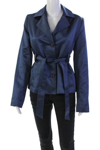 Calvin Klein Womens Satin Single Breasted Tie Waist Blazer Blue Size S