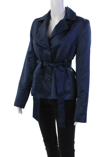 Calvin Klein Womens Satin Single Breasted Tie Waist Blazer Blue Size S