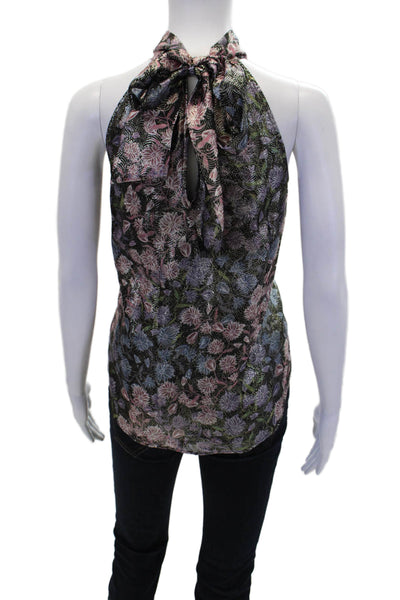 J Crew Collection Womens Metallic Floral Halter Neck Blouse Black Size XS
