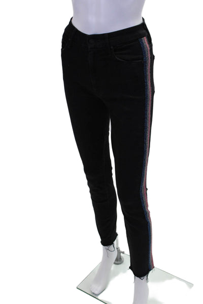 Mother Womens Striped Zippered Mid-Rise Slim Denim Jeans Black Size 26