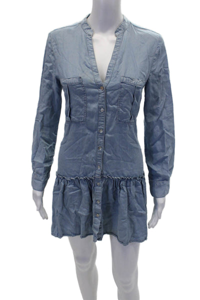 Zara Womens Chambray Button Down Long Sleeves A Line Dress Blue Size Small