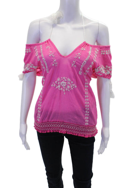 Christiane Celle Womens Embroidered Blouse Pink White Cotton Size Extra Small