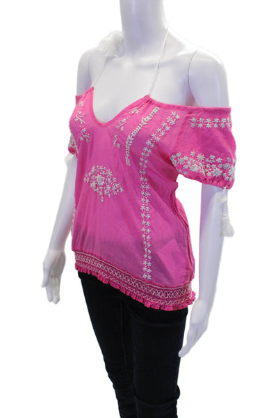 Christiane Celle Womens Embroidered Blouse Pink White Cotton Size Extra Small