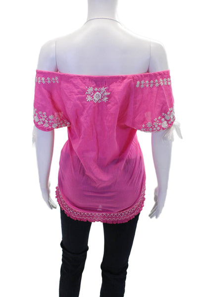 Christiane Celle Womens Embroidered Blouse Pink White Cotton Size Extra Small