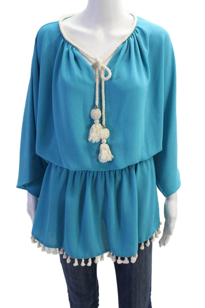 Ramy Brook Womens Rope Neckline Detail Tassel Trim Detail Blouse Blue Size XS