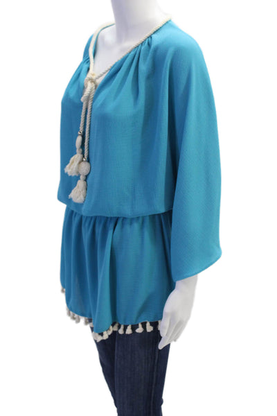 Ramy Brook Womens Rope Neckline Detail Tassel Trim Detail Blouse Blue Size XS
