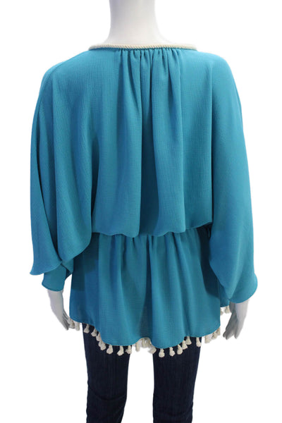 Ramy Brook Womens Rope Neckline Detail Tassel Trim Detail Blouse Blue Size XS