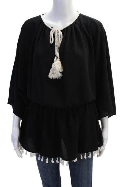 Ramy Brook Womens Round Neck Short Sleeve Rope Detail Blouse Black Size XS