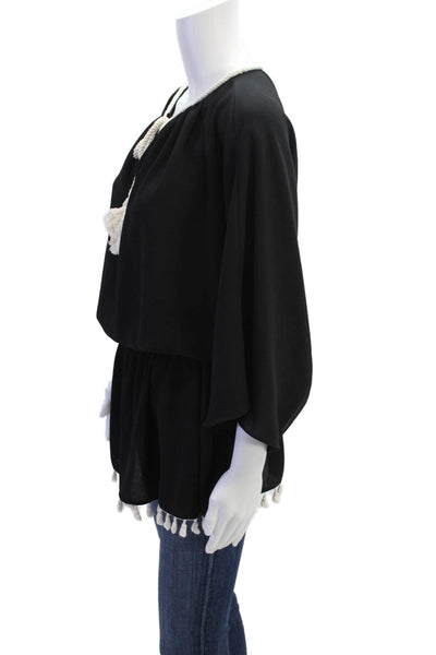 Ramy Brook Womens Round Neck Short Sleeve Rope Detail Blouse Black Size XS