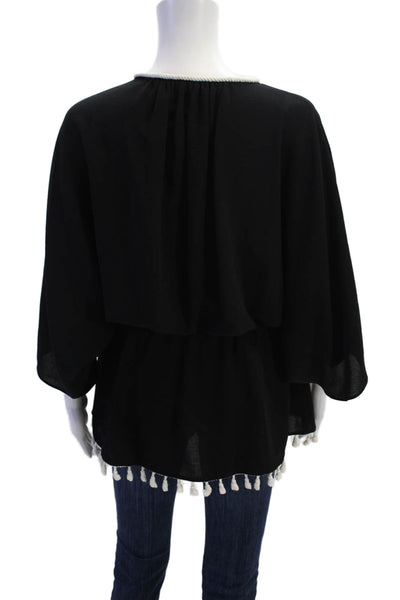 Ramy Brook Womens Round Neck Short Sleeve Rope Detail Blouse Black Size XS