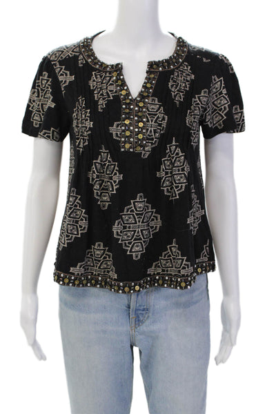 Akemi Kin Womens Printed Jeweled Blouse Black Beige Cotton Size Extra Small