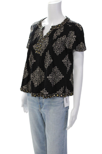 Akemi Kin Womens Printed Jeweled Blouse Black Beige Cotton Size Extra Small