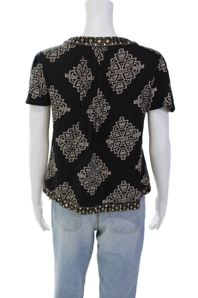 Akemi Kin Womens Printed Jeweled Blouse Black Beige Cotton Size Extra Small
