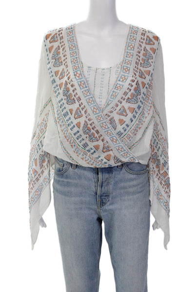 BCBG Max Azria Womens Silk Printed V Neck Kasia Blouse White Size Extra Small