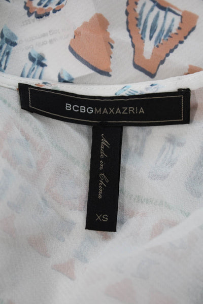 BCBG Max Azria Womens Silk Printed V Neck Kasia Blouse White Size Extra Small