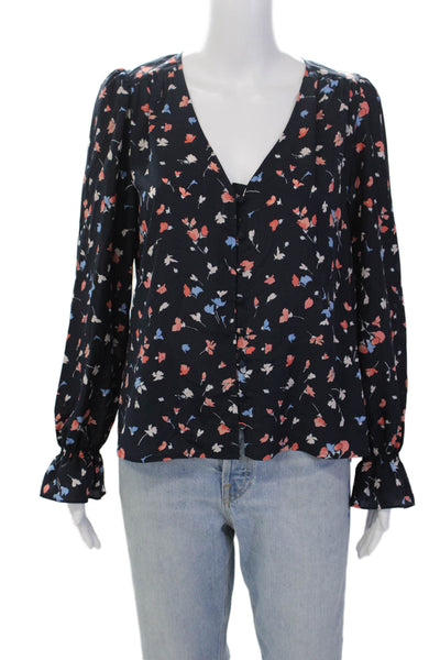 Joie Womens Floral Print V Neck Button Down Blouse Navy Blue Size Small