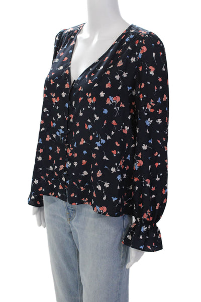 Joie Womens Floral Print V Neck Button Down Blouse Navy Blue Size Small