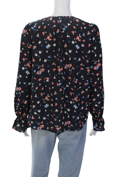 Joie Womens Floral Print V Neck Button Down Blouse Navy Blue Size Small
