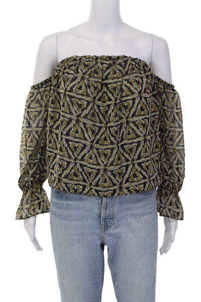 Misa Womens Abstract Print Off The Shoulder Blouse Navy Blue Yellow Size Small