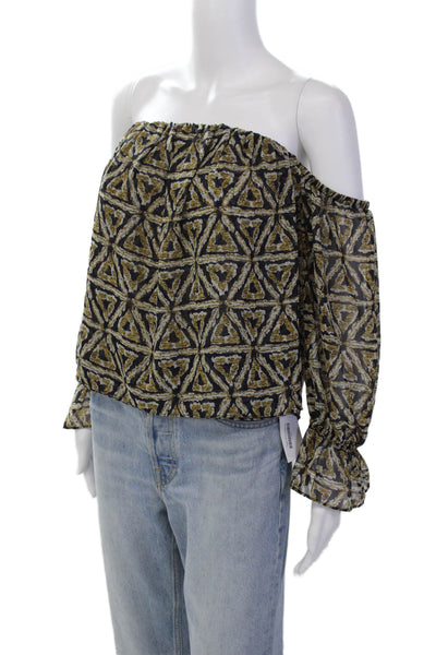 Misa Womens Abstract Print Off The Shoulder Blouse Navy Blue Yellow Size Small