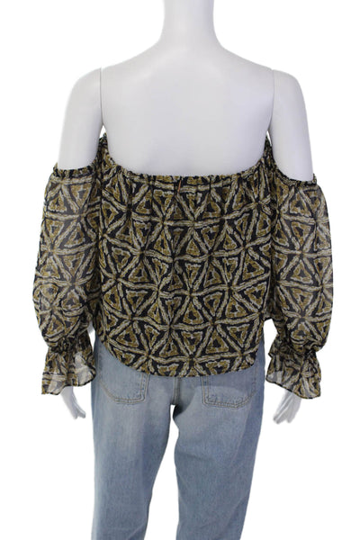Misa Womens Abstract Print Off The Shoulder Blouse Navy Blue Yellow Size Small